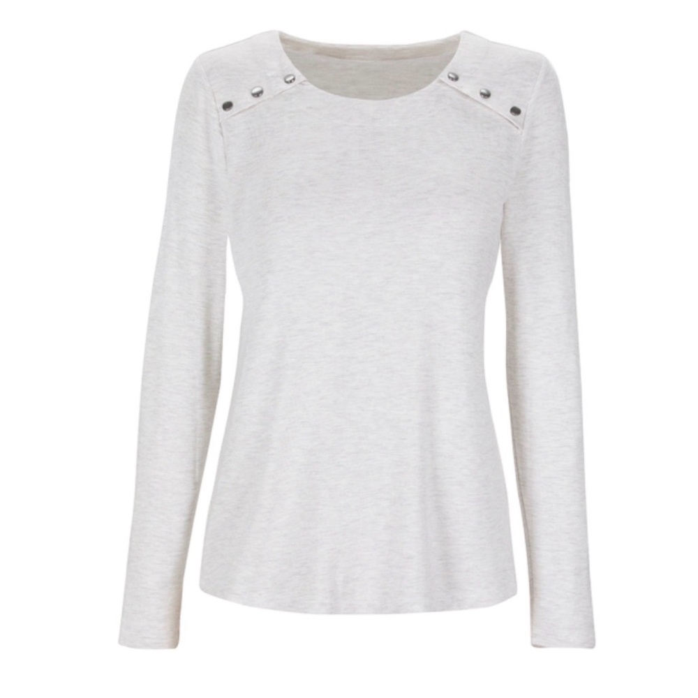 CAbi Snap Shoulder Light Gray Long Sleeve Top with Button Accents